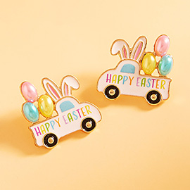 HAPPY EASTER Message Enamel Easter Bunny Egg Truck Stud Earrings