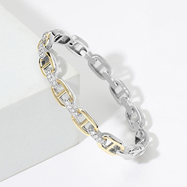 Two Tone CZ Stone Paved Link Hinged Bangle Bracelet