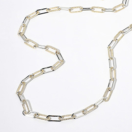 14K Gold Plated Two Tone Textured Paperclip Chain Long Necklace