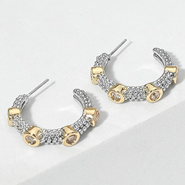 Round Rhinestone Accented Metal Hoop Earrings