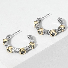 Round Rhinestone Accented Metal Hoop Earrings
