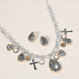 Two Tone Antique Metal Cross Teardrop Stone Cluster Charm Station Necklace