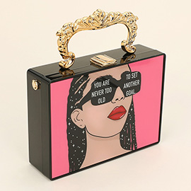 Retro Pop Art Lady YOU ARE NEVER TOO OLD TO SET ANOTHER GOAL Message Printed Box Clutch Bag / Crossbody Bag