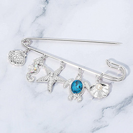 Stone Paved Shell Seahorse Starfish Turtle Charm Dangle Safety Pin Brooch
