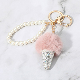 Bling Studded Pom Pom Ice Cream Cone Pearl Wristlet Keychain / Bag Charm