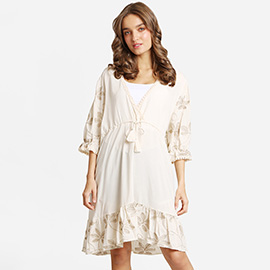 Boho Leaves Embroidered Drawstring Dress