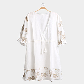 Boho Leaves Embroidered Drawstring Dress