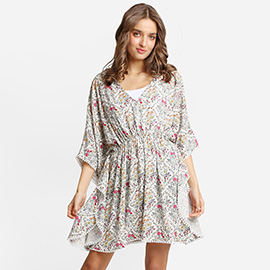 Boho Mixed Print Drawstring Mini Tunic Dress