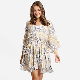 Boho Mixed Print Drawstring Mini Tunic Dress
