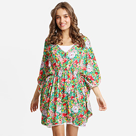 Boho Mixed Flower Print Drawstring Mini Tunic Dress