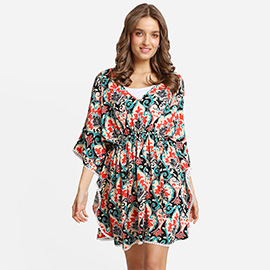 Boho Floral Print Drawstring Mini Tunic Dress