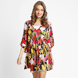 Boho Mixed Leaves Print Drawstring Mini Tunic Dress