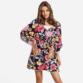 Boho Mixed Floral Print Drawstring Mini Tunic Dress