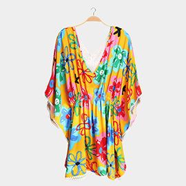 Boho Floral Print Drawstring Mini Tunic Dress