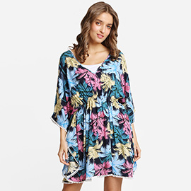 Boho Leaves Print Drawstring Mini Tunic Dress