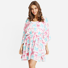 Boho Bow Print Drawstring Mini Tunic Dress