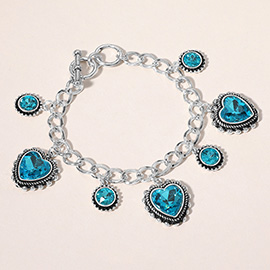 Heart Round Stone Charm Station Toggle Bracelet