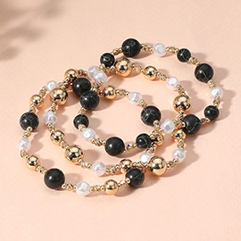 3PCS - Natural Stone Metal Ball Pearl Beaded Stretch Multi Layered Bracelets