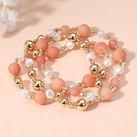 3PCS - Natural Stone Metal Ball Pearl Beaded Stretch Multi Layered Bracelets