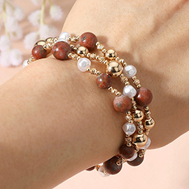 3PCS - Natural Stone Metal Ball Pearl Beaded Stretch Multi Layered Bracelets