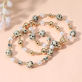 3PCS - Natural Stone Metal Ball Pearl Beaded Stretch Multi Layered Bracelets