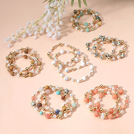 3PCS - Natural Stone Metal Ball Pearl Beaded Stretch Multi Layered Bracelets