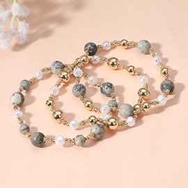 3PCS - Natural Stone Metal Ball Pearl Beaded Stretch Multi Layered Bracelets