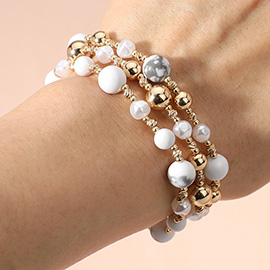 3PCS - Natural Stone Metal Ball Pearl Beaded Stretch Multi Layered Bracelets