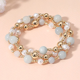 3PCS - Natural Stone Metal Ball Pearl Beaded Stretch Multi Layered Bracelets