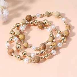 3PCS - Natural Stone Metal Ball Pearl Beaded Stretch Multi Layered Bracelets
