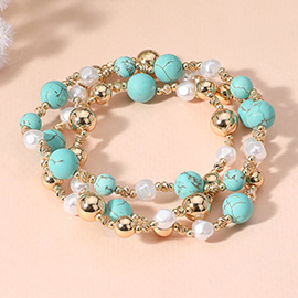 3PCS - Natural Stone Metal Ball Pearl Beaded Stretch Multi Layered Bracelets