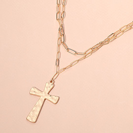 Hammered Brushed Metal Cross Pendant Double Layered Paperclip Chain Necklace