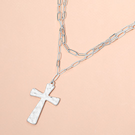 Hammered Brushed Metal Cross Pendant Double Layered Paperclip Chain Necklace