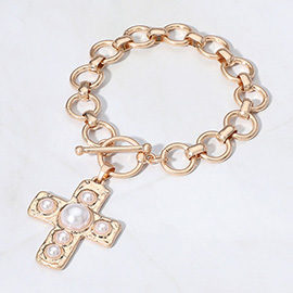 Pearl Cross Charm Toggle Bracelet