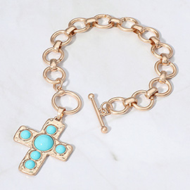Turquoise Stone Cross Charm Toggle Bracelet