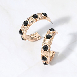 Bead Embellished Hammered Metal Hoop Earrings
