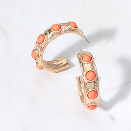Bead Embellished Hammered Metal Hoop Earrings