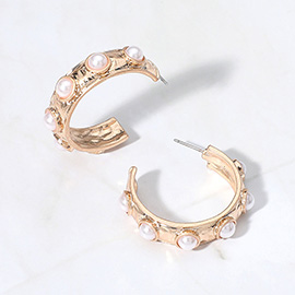 Bead Embellished Hammered Metal Hoop Earrings