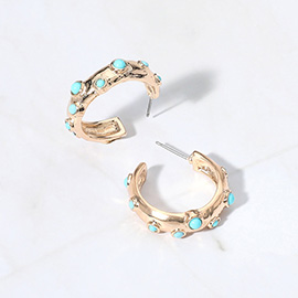 Bead Embellished Textured Metal Hoop Earrings
