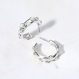Pearl Embellished Textured Metal Hoop Earrings