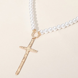 Hammered Brushed Metal Cross Pendant Pointed Pearl Beaded Necklace