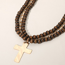Hammered Metal Cross Pendant Wood Paperclip Chain Layered Necklace