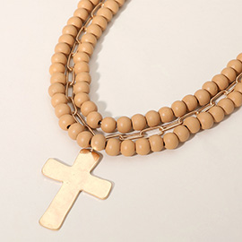 Hammered Metal Cross Pendant Wood Paperclip Chain Layered Necklace