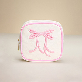 Bow Embroidered Square Canvas Pouch Bag / Organizer