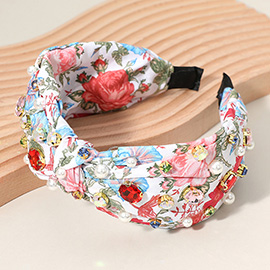 Stone Cluster Pearl Embellished Flower Printed Knot Headband