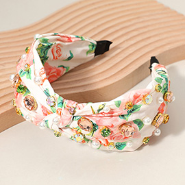 Stone Cluster Pearl Embellished Flower Printed Knot Headband