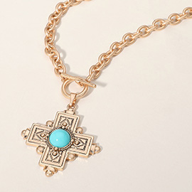 Turquoise Stone Accented Cross Pendant Chunky Chain Necklace