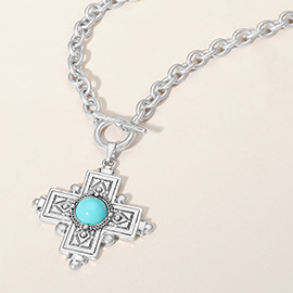 Turquoise Stone Accented Cross Pendant Chunky Chain Necklace