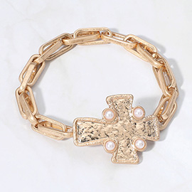 Pearl Pointed Textured Metal Cross Stretch Bracelet