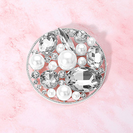 Pearl Stone Cluster Embellished Chunky Round Pin Brooch